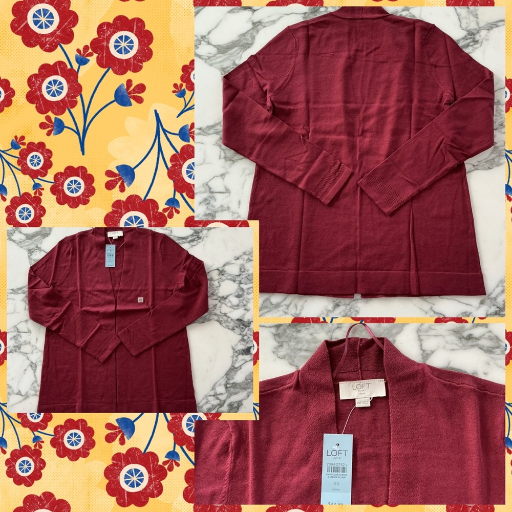 LOFT Burgundy Open-Front Cardigan, extra small petite, NWT